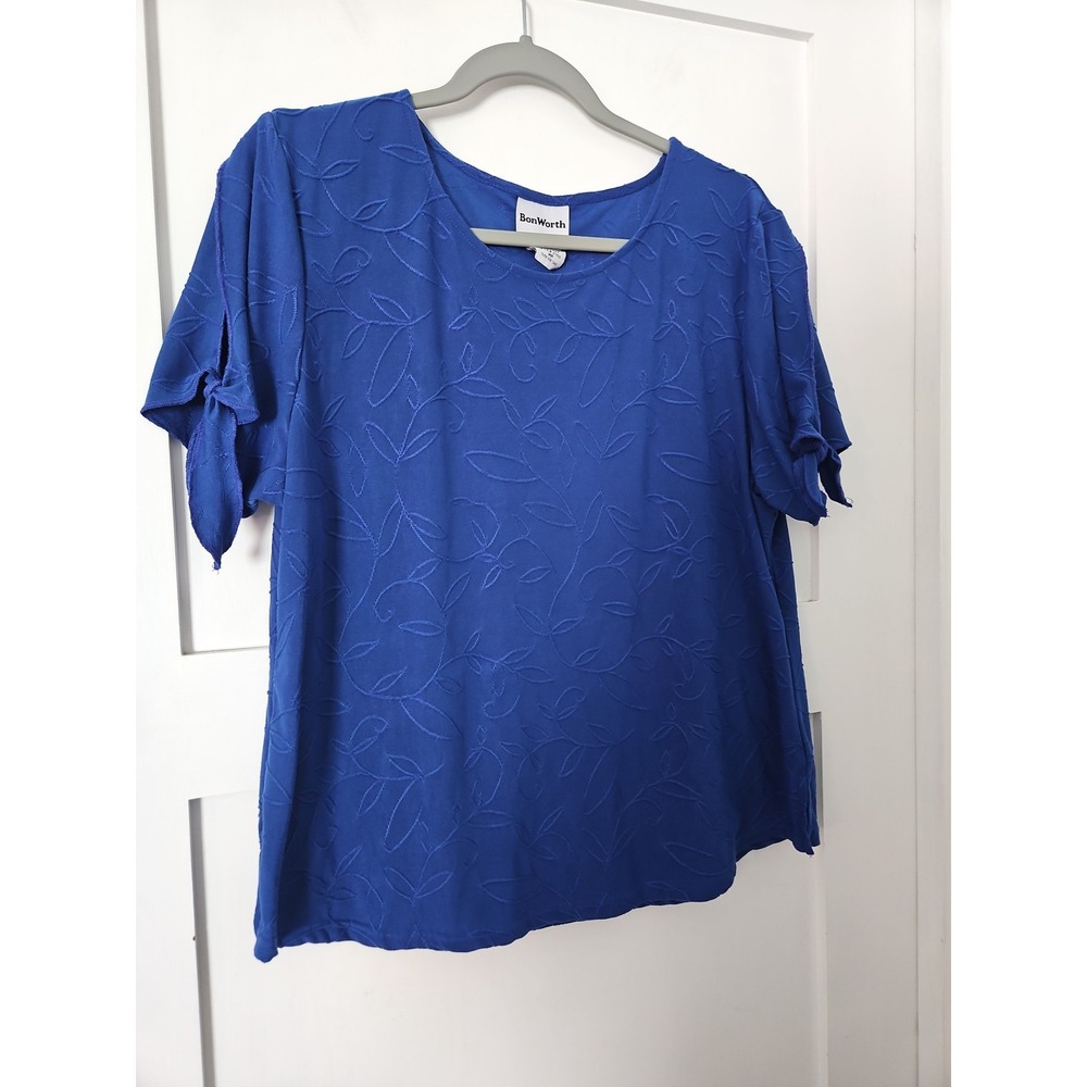 BonWorth Royal Blue Floral Embroidered Tie-Sleeve Blouse - Petite Medium